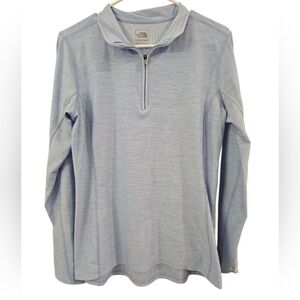 THE NORTH FACE 1/4 ZIP HEATHERED BLUE PULLOVER WITH THUMBHOLES. SIZE LARGE.